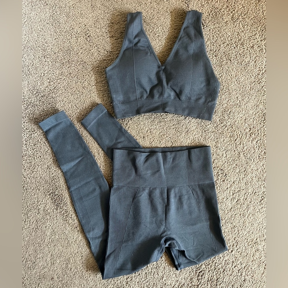 Workout Set Slate Grey Ribbed Sports Bra Buttery Soft High Waisted Leggings XS